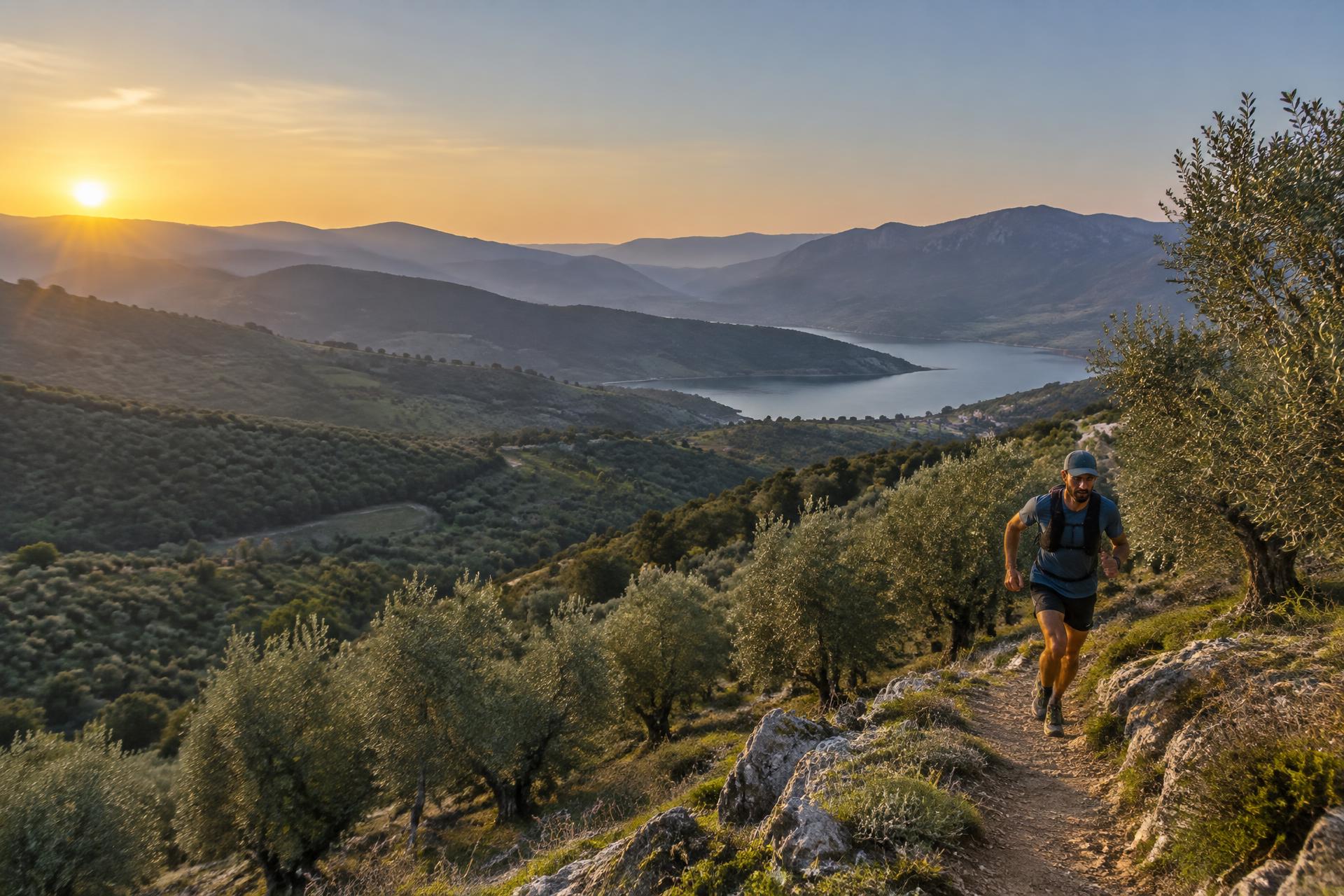 Trail runner crossing olive-covered hills above a reservoir